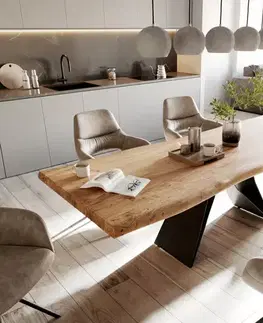 Jedálenské stoly DELIFE Jedálenský stôl Edge 260x100 XL akácia prírodná podstava v tvare V plochá oceľ čierna Live-Edge