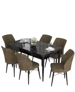 Jedálenské sety Extendable Dining Table & Chairs Set (7 Pieces) Eva - Black Marble, Brown