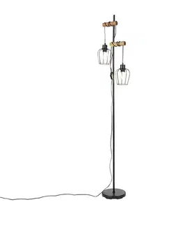 Stojace lampy Rustikálna stojaca lampa čierna s drevom 2-svetlo - Stronk