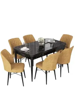 Jedálenské sety Extendable Dining Table & Chairs Set (7 Pieces) Nef - Black Marble, Cappuccino