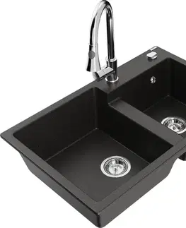 Kuchynské drezy MEXEN/S MEXEN/S - Tomas granitový drez 2-bowl vrátane batérie Elia, čierna/zlatá metalik 6516-75-670101-00
