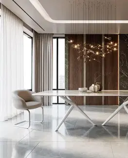 Jedálenské stoly DELIFE Jedálenský stôl Edge zaoblený tvar 270x120 keramika Iris FMG Onice Grigio Estelar okrúhly kov biela