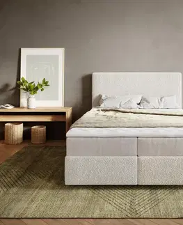 Postele Boxspring DELIFE Boxspring posteľ Dream-Well 140x200 cm bouclé krémovo biela s vreckovou pružinovou matracou a topperom Visco