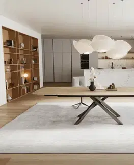 Jedálenské stoly DELIFE Jedálenský stôl Edge zaoblený 200-300×120 cm keramika Laminam® sabbia dubová krížová podstava hranatý nerezová oceľ grafit rozkladací