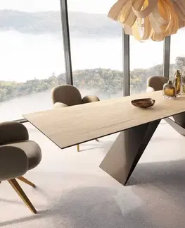 Jedálenské stoly DELIFE Jedálenský stôl Edge 300x100 keramika Laminam® piesková dubová farba podstava v tvare V plochá oceľ čierna