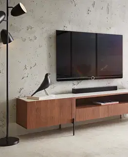 Televízne stolíky DELIFE TV stolík Secara 220 cm akácia hnedá 2 dvierka 2 zásuvky mramorové nohy čierna