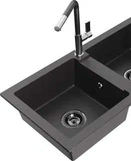 Kuchynské drezy MEXEN/S MEXEN/S - Mario granitový drez 2-bowl vrátane batérie Flora, čierna kropenatá 6504-76-670401-08-B