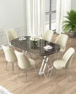 Jedálenské sety Dining Table & Chairs Set (7 Pieces) Lai - Anthracite, Chrome, Cream