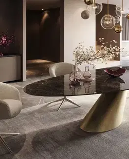Jedálenské stoly DELIFE Jedálenský stôl Edge oválny 280x130 keramika Laminam® Emperador Extra Lucidato tmavohnedá kužeľ metalická zlatá