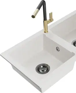 Kuchynské drezy MEXEN/S MEXEN/S - Mario granitový drez 2-bowl vrátane batérie Flora, biela 6504-20-670401-57-B