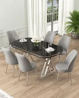 Jedálenské sety Dining Table & Chairs Set (7 Pieces) Lai - Black Marble, Chrome, Grey