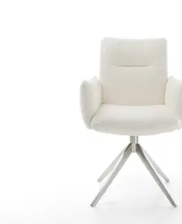 Jedálenské stoličky DELIFE Otočná jedálenská stolička Jova-Flex s opierkami bouclé biela krížová podstava široká nerezová oceľ 360° otočná hojdacia funkcia vrecková pružina
