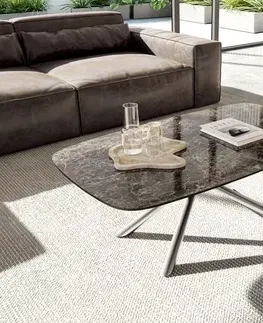 Konferenčné stolíky DELIFE Konferenčný stolík Edge zaoblený tvar 120x70 cm keramika Laminam® Emperador Extra Lucidato tmavohnedá Sarity nerezová oceľ kefovaná