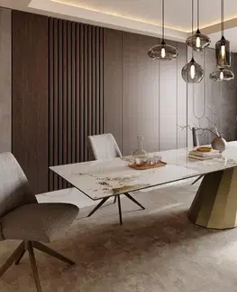 Jedálenské stoly DELIFE Jedálenský stôl Edge 300x100 keramika Minas melange bielo-béžová parabolická metalická zlatá