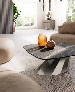 Konferenčné stolíky DELIFE Konferenčný stolík Edge zaoblený tvar 90x90 cm keramika Laminam® Noir Desir hnedá Parabi nerezová oceľ kefovaná