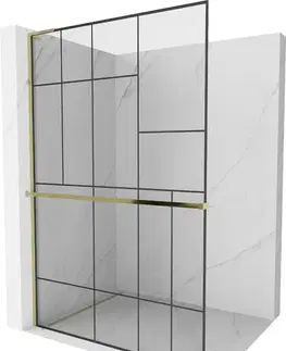 Sprchové dvere MEXEN/S - Kioto+ L Sprchová zástena WALK-IN s poličkou a držiakom uterákov 100 x 200, čierny vzor, zlatá 800-100-123-50-78