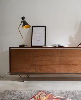 Komody DELIFE Komoda Stonegrace 200 cm akácia hnedá kamenná dyha 4 dvierka podstava v tvare V čierna