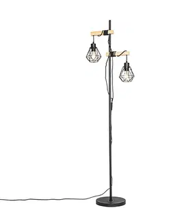 Stojace lampy Rustikálna stojaca lampa čierna s drevom 2-svetlo - Chon