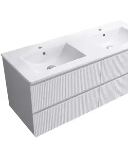 Kúpeľňový nábytok CERANO - Kúpeľňová skrinka Carole + keramické dvojumývadlo Todo - biela matná ryhovaná - 121x50x46,5 CER-104519