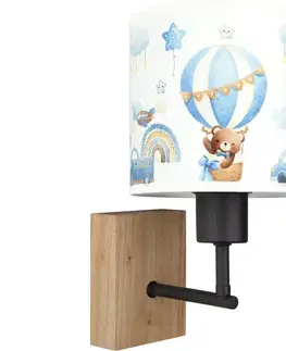 Svietidlá BRILAGI - Nástenná lampa BOBO WOOD 1xE27/25W/230V dub/čierna/biela/modrá/medvedíky BG1561+BG5585