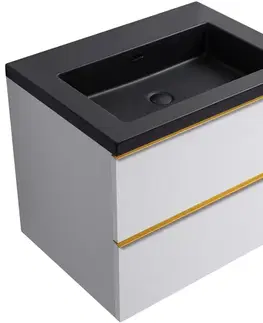 Kúpeľňový nábytok CERANO - Kúpeľňová skrinka Velora - biela matná, úchytka zlatá + umývadlo z lit. mramoru Ovo - čierna matná - 70,5x58x46,5 CER-979951