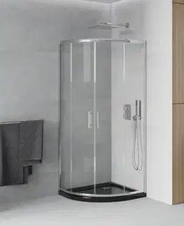 Vane MEXEN/S - Rio štvrťkruhový sprchovací kút 80 x 80, transparent, chróm + vanička so sifónom Flat, čierny 863-080-080-01-00-4170