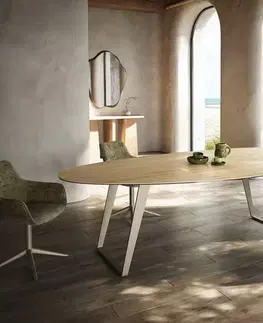 Jedálenské stoly DELIFE Jedálenský stôl Edge oválny 280x130 cm keramika Laminam® sabbia dubová kov šikmý titánová farba