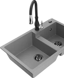 Kuchynské drezy MEXEN/S MEXEN/S - Tomas granitový drez 2-bowl vrátane batérie Savita, šedá 6516-71-672601-70-B