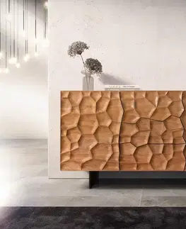 Komody DELIFE Komoda Solu 145 cm akácia prírodná 2 dvierka 3 zásuvky závesná kov čierna 3D čelá