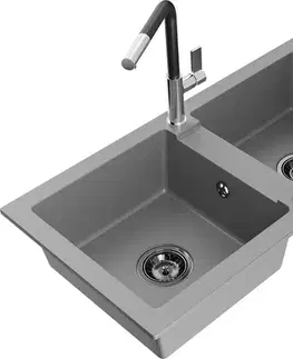Kuchynské drezy MEXEN/S MEXEN/S - Mario granitový drez 2-bowl vrátane batérie Flora, šedá 6504-71-670401-07-B