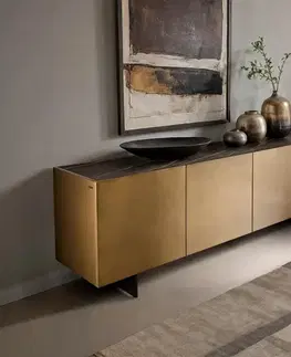 Komody DELIFE Komoda Kazu 220 cm metalická zlatá 4 dvierka závesná kov čierna keramika Laminam®Noir Desir hnedá