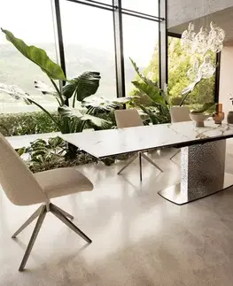 Jedálenské stoly DELIFE Jedálenský stôl Edge 200-300x100 keramika Calacatta Luxe bielo-zlato-šedá Wave nerezová oceľ rozkladací