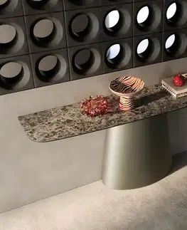 Konzolové stolíky DELIFE Konzolový stolík Edge zaoblený tvar 180×40 cm keramika Emperador Extra Lucidato tmavohnedá kužeľová kovová podstava titánová farba