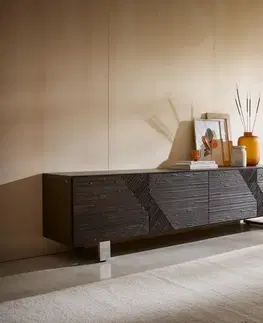 Televízne stolíky DELIFE TV stolík Tereos 220 cm jaseň tmavohnedá 3D efekt 4 dvierka tenká podstava nerezová oceľ kefovaná
