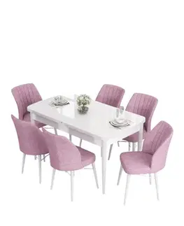 Jedálenské sety Extendable Dining Table & Chairs Set (7 Pieces) Eva - White, Pink