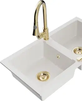 Kuchynské drezy MEXEN/S MEXEN/S - Mario granitový drez 2-bowl vrátane batérie Elia, biela 6504-20-670101-50