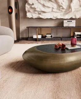 Konferenčné stolíky DELIFE Konferenčný stolík Sagana 120x80 cm metalická zlatá s reliéfnym sklom taupe