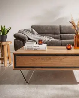 Konferenčné stolíky DELIFE Konferenčný stolík Stonegrace 115x60 cm akácia prírodná 2 zásuvky kamenná dyha