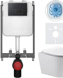 Záchody CERANO - Kompletný WC set Basic/Carlito - biela lesklá - WC tlačidlo Modulo/Čierna - na zamurovanie - 48,5x36,5 CER-8050BD86051
