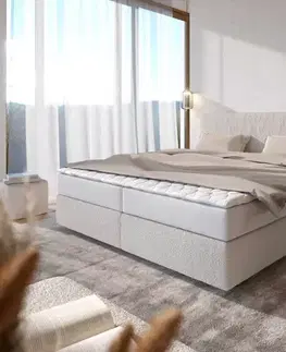 Postele Boxspring DELIFE Boxspring posteľ Dream-Well bouclé krémovo biela 200×200 cm s vreckovou pružinovou matracou a topperom Visco