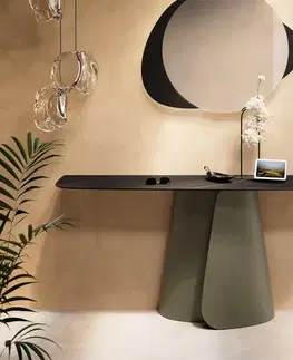 Konzolové stolíky DELIFE Konzolový stolík Edge zaoblený 180×40 cm keramika Laminam® Noir Desir hnedá Livos kov titánová farba efekt