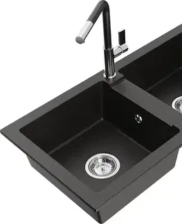 Kuchynské drezy MEXEN/S MEXEN/S - Mario granitový drez 2-bowl vrátane batérie Flora, čierna/zlatá metalik 6504-75-670401-07