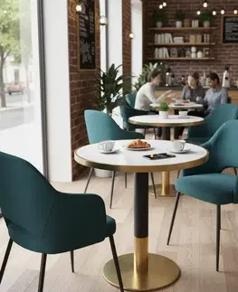 Jedálenské stoly KONDELA Oren jedálenský bistro stôl 80 cm vzor biely mramor / čierna / zlatá