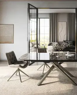 Jedálenské stoly DELIFE Jedálenský stôl Edge zaoblený 180-220×100 cm keramika emperador extra leštená tmavohnedá krížová podstava hranatý titánová farba rozkladací