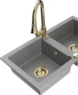 Kuchynské drezy MEXEN/S MEXEN/S - Mario granitový drez 2-bowl vrátane batérie Elia, šedá 6504-71-670101-50