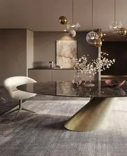 Jedálenské stoly DELIFE Jedálenský stôl Edge oválny 280x130 keramika Laminam® Emperador Extra Lucidato tmavohnedá kužeľ metalická zlatá