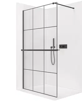 Držadlá k vani CERANO - Sprchová zástěna Walk-in Onyx Cube L/P - 8 mm + polička/držák na ručníky - hranatá vzpěra  -  černá matná, industriální sklo - 90x200  CER-8050BD475