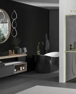Sprchové dvere MEXEN/S - Kioto+ L Sprchová zástena WALK-IN s poličkou a držiakom uterákov 100 x 200, grafit, zlatá 800-100-123-50-40