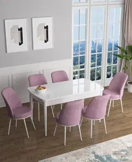 Jedálenské sety Extendable Dining Table & Chairs Set (7 Pieces) Han - White, Pink