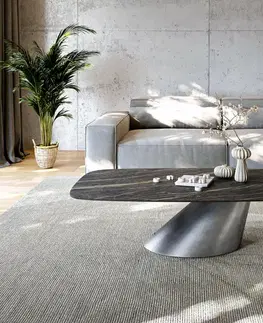 Konferenčné stolíky DELIFE Konferenčný stolík Edge zaoblený 140x80 cm keramika Laminam® Noir Desir hnedá Conis metalická strieborná